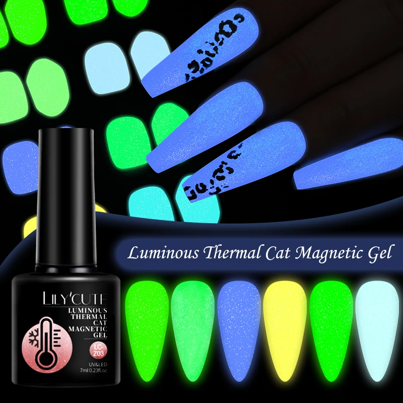 LILYCUTE 7ML Luminous Thermal Cat Magnetic Gel Nail Polish Glow In Dark Glitter Nail Art Vernis Semi Permanent UV Gel Polish