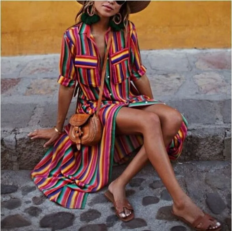

Summer Women Bohemia Dress Indie Casual Loose Long Maxi Striped Print Button Down Shirt Boho Dresses 2023 Oversize Aesthetic