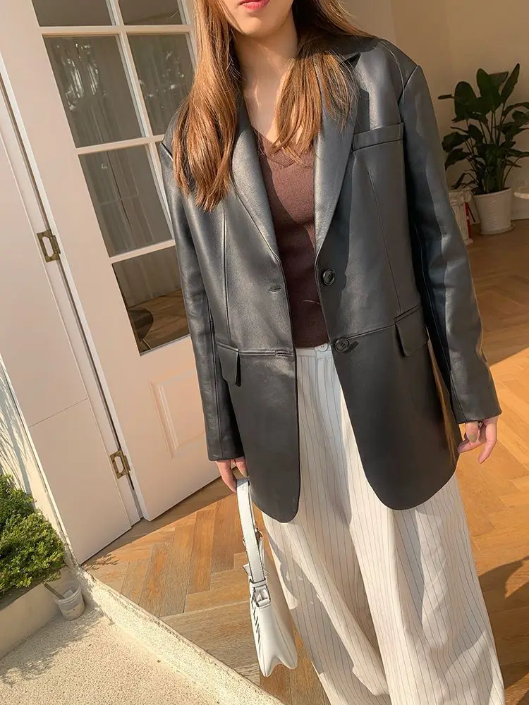 Pu leather suit jacket female spring 2023 new loose temperament high sense small suit jacket top