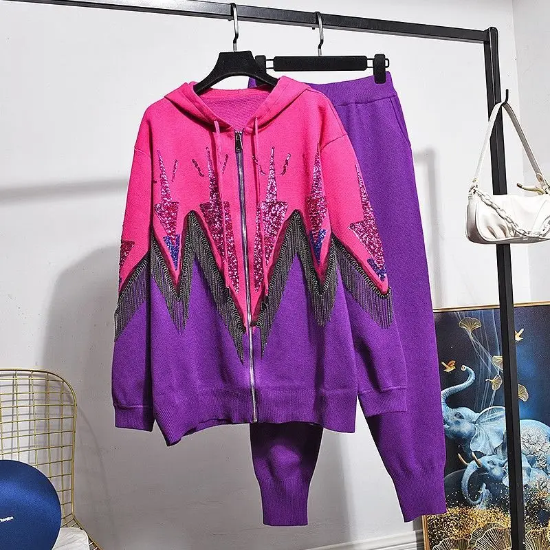 2022 New Autumn Women Knitted Suits Colorblock Sequins Chain Tassel Zip Hooded Sweater Top + Casual Harem Pants Purple Sets