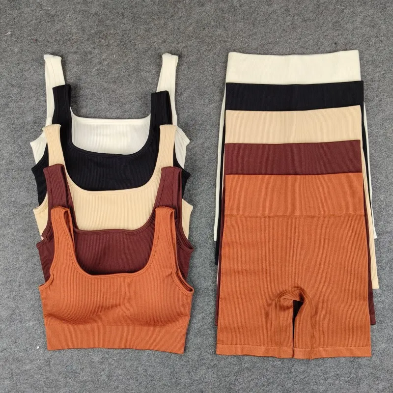 

Бесшовные Спортивные шорты в рубчик для тренировок, комплекты леггинсов с высокой талией, костюмы для тренажерного зала и йоги, тренировочные костюмы из двух предметов