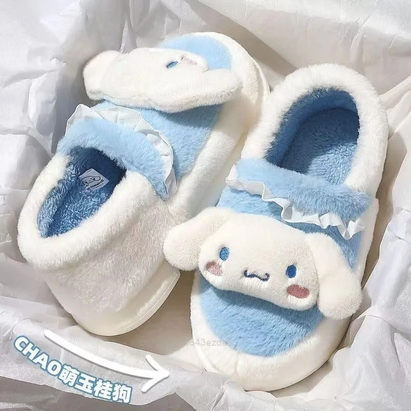 New Sanrio Kuromi Fashion Plush Slipper Women Warm Home Winter Thicked Shoes Girl Hello Kitty Cotton Indoor Full Coverage Shoes