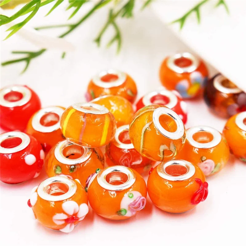 

10Pcs Murano Large Hole Glass Beads European Round Rondelle Slide Charms Spacer Beads Fit Pandora Bracelet Necklace Jewelry Bulk