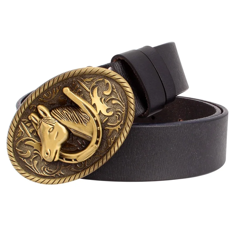 

Fashion Men Belt Horse Buckle Belt Golden Horse Head Pattern Horseshoe Cow Skin Leather Belt Cowboy Accessories