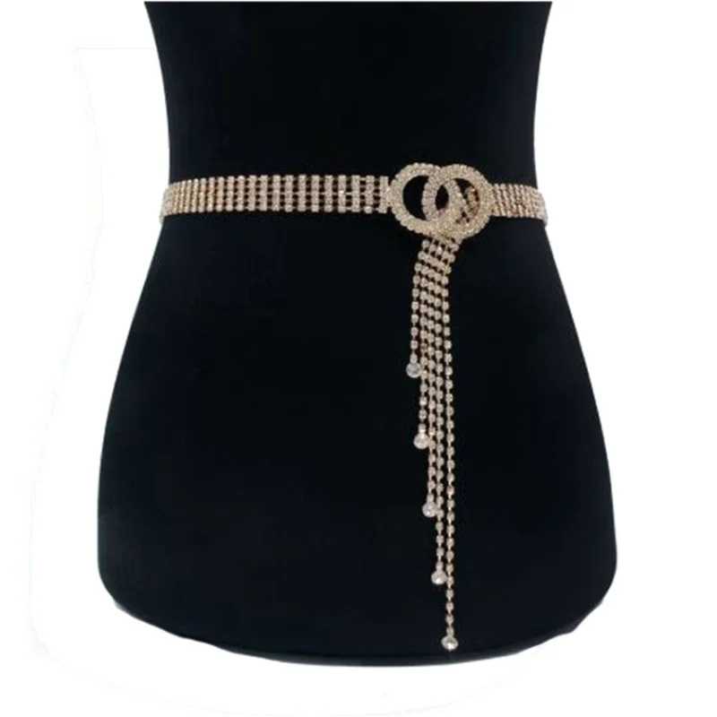 

140 см удлиненный Элегантный и модный женский ремень с инкрустированными кристаллами бриллиантами кисточками хвостом и талией аксессуары