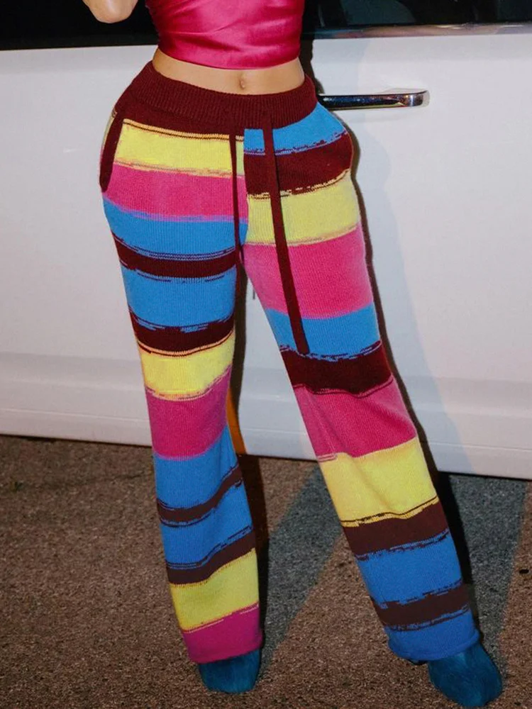 

CHRONSTYLE Female Trousers Contrast Color Striped Print High Waist Tie-Up Long Straight-Leg Pants Spring Autumn Outfit for Women