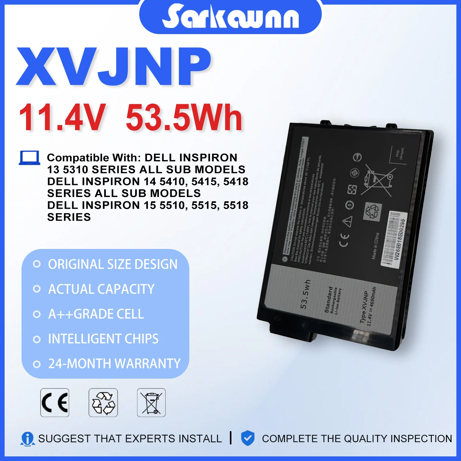 Фото Аккумулятор для ноутбука SARKAWNN XVJNP J1KND 11.4V 53.5Wh для Dell Vostro 3400 3401 3402 3500 3501 3502; Inspiron 15 3501 3502 3505 №1
