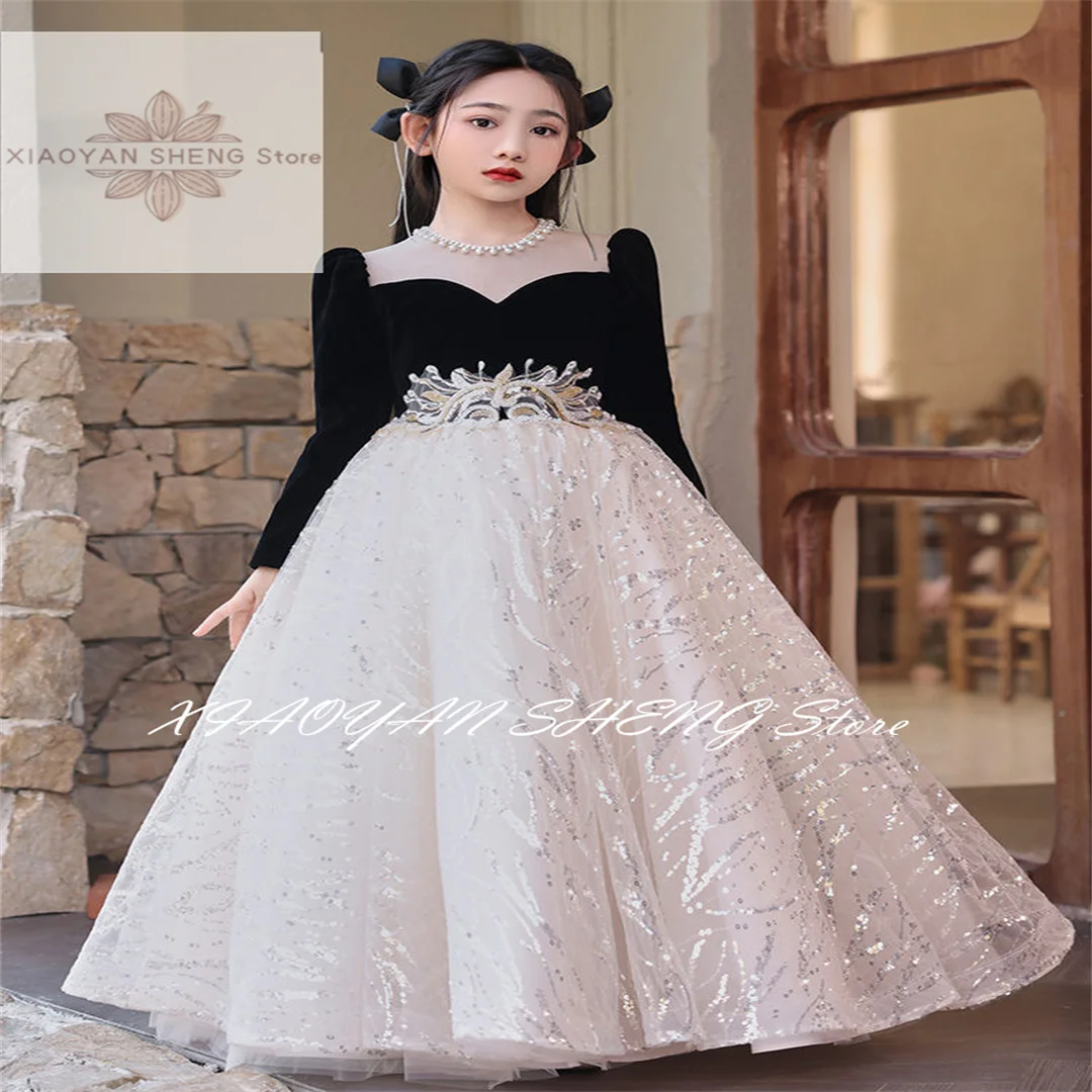 Новые блестящие платья цвета шампанского черная вуаль кружевное детское платье
