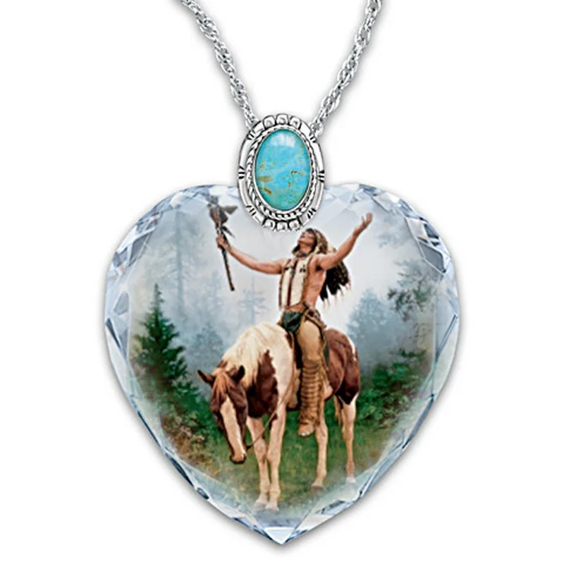 

Vintage Heart Crystal Indian Chief Blessing Pendant Necklace Exquisite Women's Necklace Party Jewelry Accessories Gift