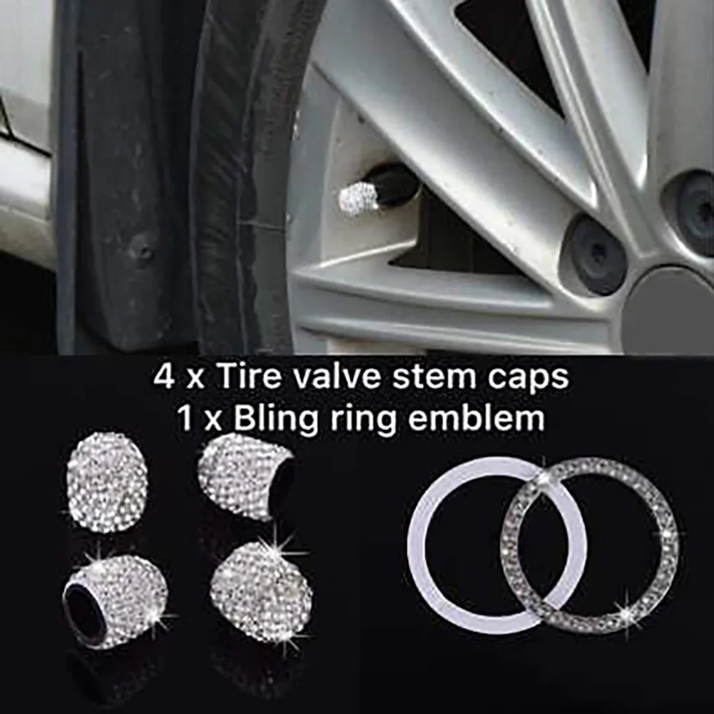 

Bling Tire Valve Stem Cap 4+1pcs Ring Car Dust Cover Free Size Rhinestones Rhinestones+ABS