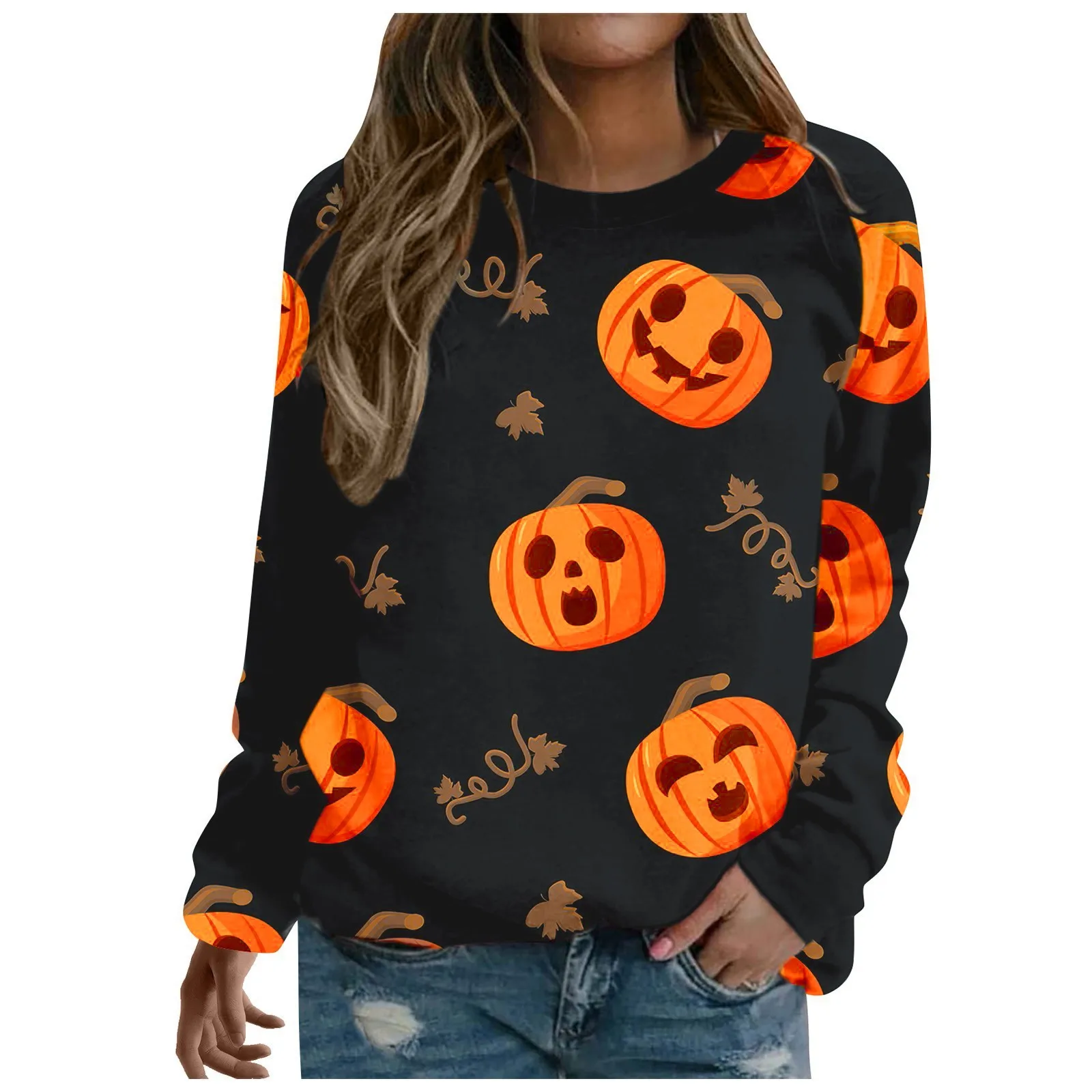 

Women's Casual Fashion 2023 Halloween Print Long Sleeve O-Neck Pullover Top camisetas femininas luxo blusa mujer moda 2023