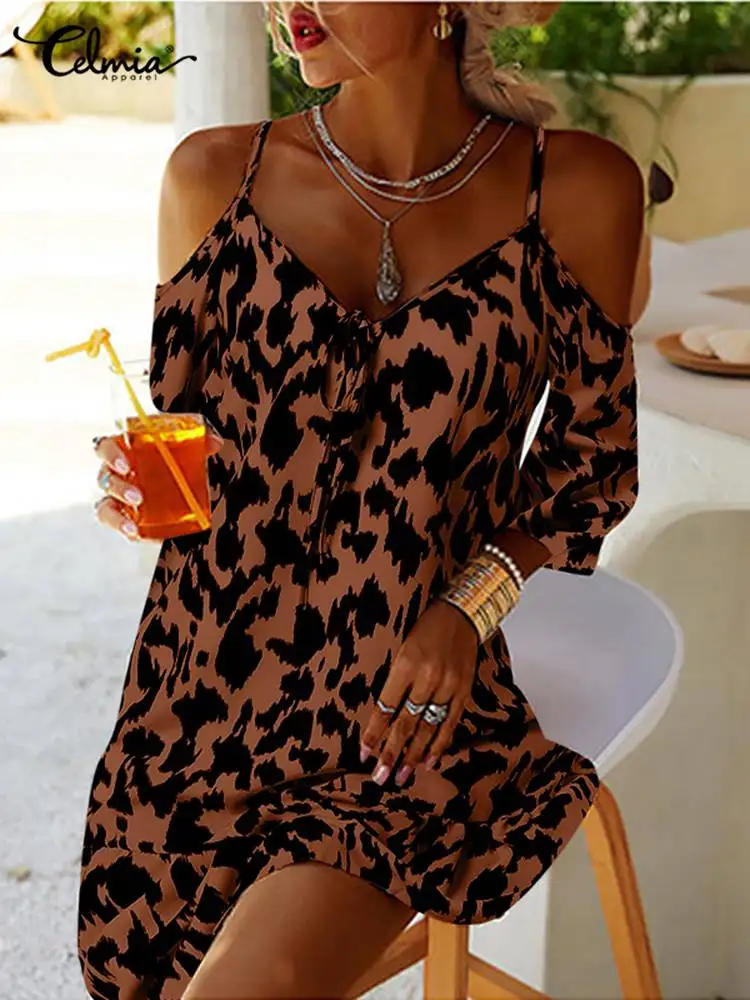 

Celmia Beach Off Shoulder A-line Vestidos Women Straps Leopard Print Bohemian Short Robes Holiday 2022 Summer Fashion Mini Dress