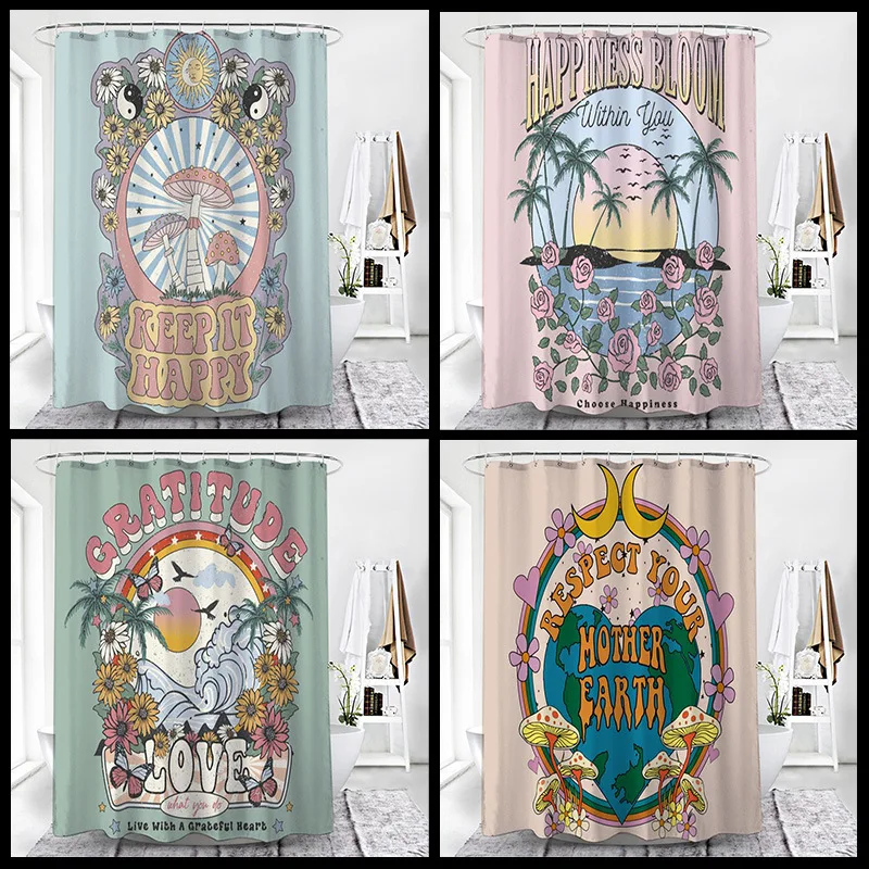 

Hot Sale Shower Curtain Cartoon Camping Hippie Series Shower Cloth Waterproof Anti-mold Shower Cloth Bathroom Partition Curtain