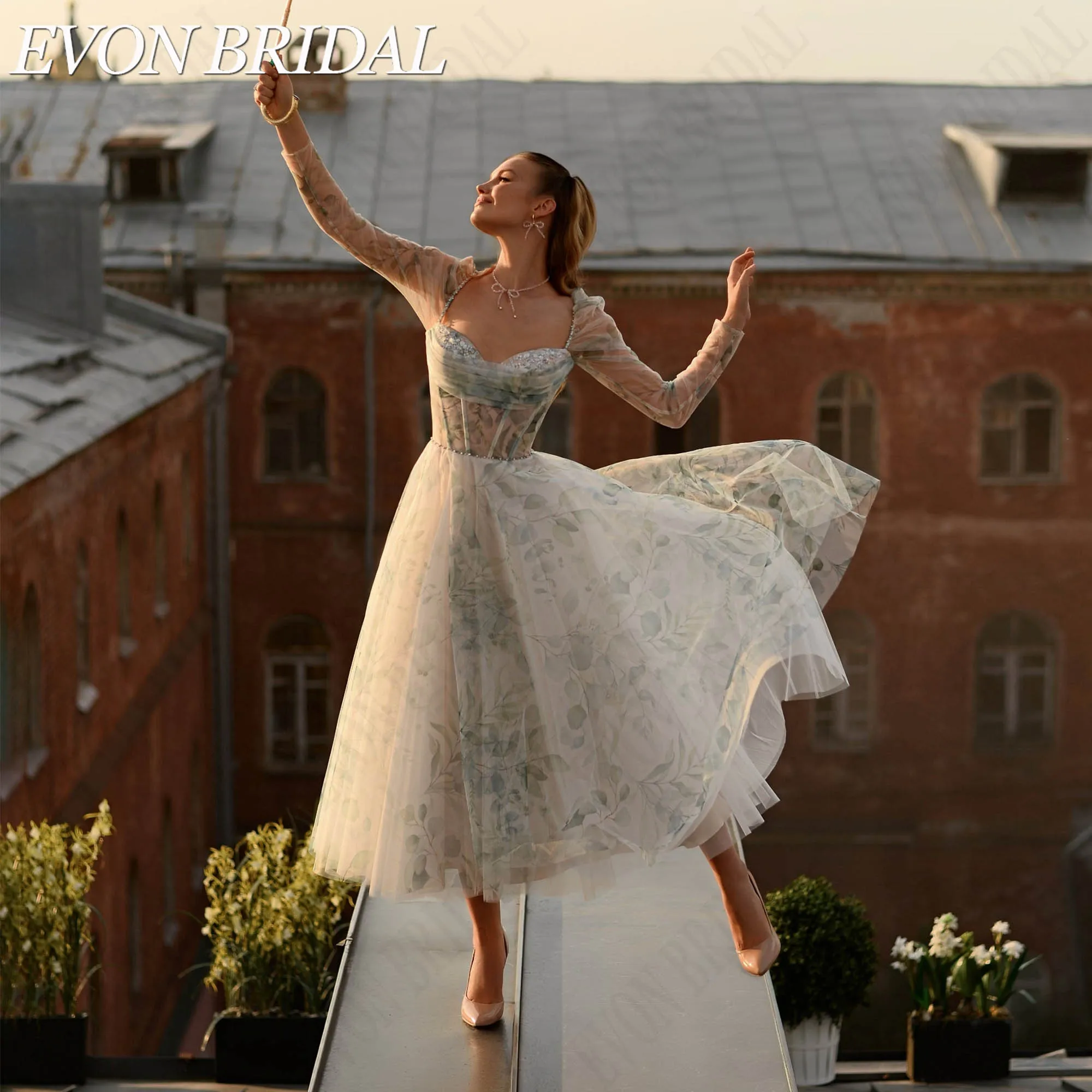 Фото EVON BRIDAL Платья На Выпускной А-Силуэт Из Тюля Чайная Длина Сердечный Вырез Пышные Короткие Рукава Прилегающий Корсет Изготовлено На Заказ Платье На День Рождения Элегантное Платье На Бал Роскошное Платье На Галa №4