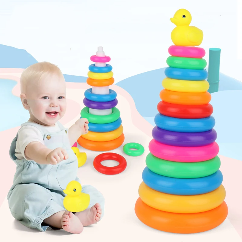 

Монтессори, детская маленькая Желтая утка, радужная башня, складываемый круг, детское раннее образование, головоломка, кольцо, игрушка для д...