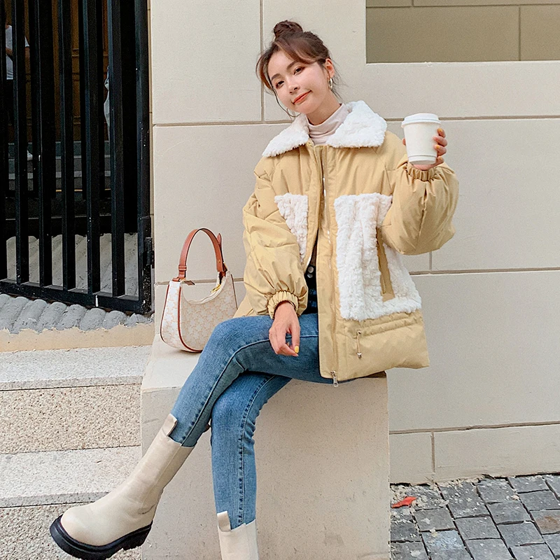 Winter Women's Lamb Hair Jackets Fashion Casual Puffer Windbreaker Loose Zipper Patchwork Ladies Warm Thicken Plus Velvet Coats