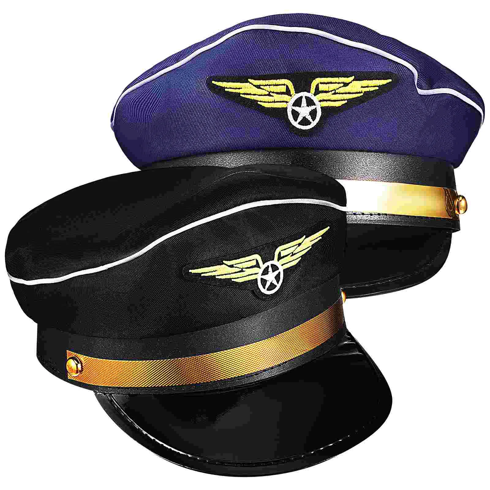 

2 Pcs Flight Hat Black Outfits Attendant Costume Decor Pack Cosplay Captain Pilot Polyester Hats Airline Caps Prop