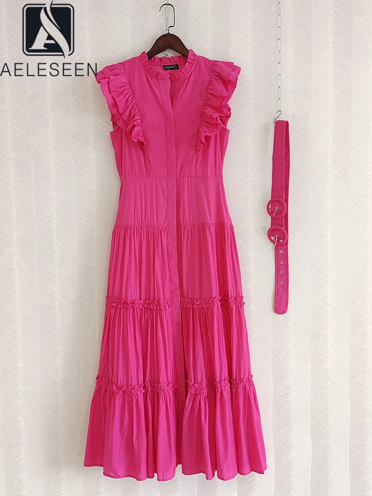 AELESEEN Designer Fashion Women Summer Dress Batterfly Sleeve Solid Ruffles Blet Rose Red White Black Green Elegant Party