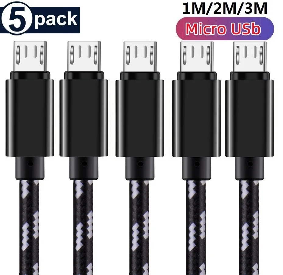 

5Pack 2.4A Fast Charging Fabric Nylon Metal Alloy Micro V8 5pin USb Cable 1m 2M 3M Cables For Samsung s7 note 2 4 htc lg xiaomi