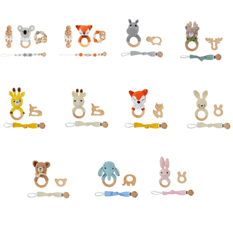 

Adorable- Animal Crochet Teether Bundle for Newborns BPA Free Beech Wood Teethers Toy set Babies Shower- Present Durable