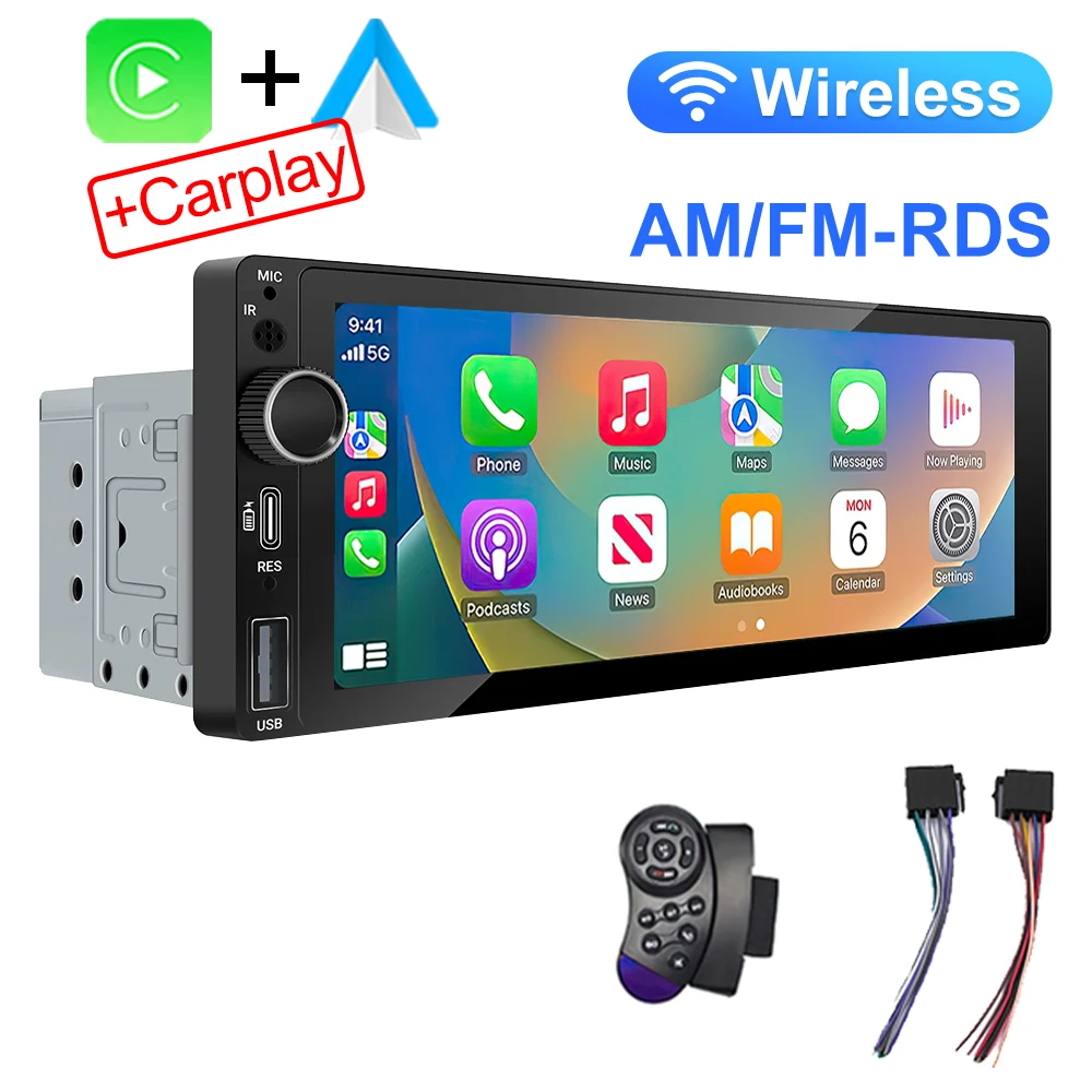 

6.9'' 1DIN Автомобильный Мультимедийный Плеер С Carplay, Android Auto, Bluetooth, USB, DVD, MP5, Сенсорный Экран
