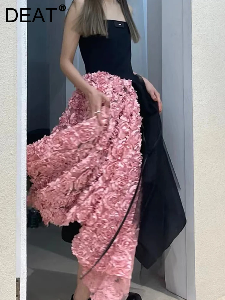 

[DEAT] Slim Fashion Asymmetric Contrast Color Spliced Flower Sleeveless Dress Strapless Suspender Dresses 2023 Spring 13DB702