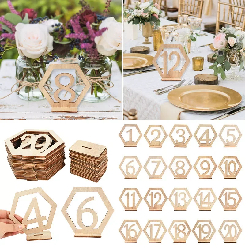 

NEW2022 10pcs Wooden Table Number Sign Hexagon Place Card Rustic Wedding Desktop Decor Engagement Seat Number Signs Event Party