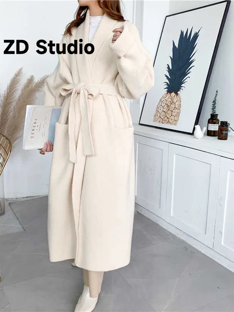 

[ZD Studio] Bandage Size Knitting Cardigan Sweater Loose Fit V-Neck Long Sleeve Women New Tide Autumn Winter 2023