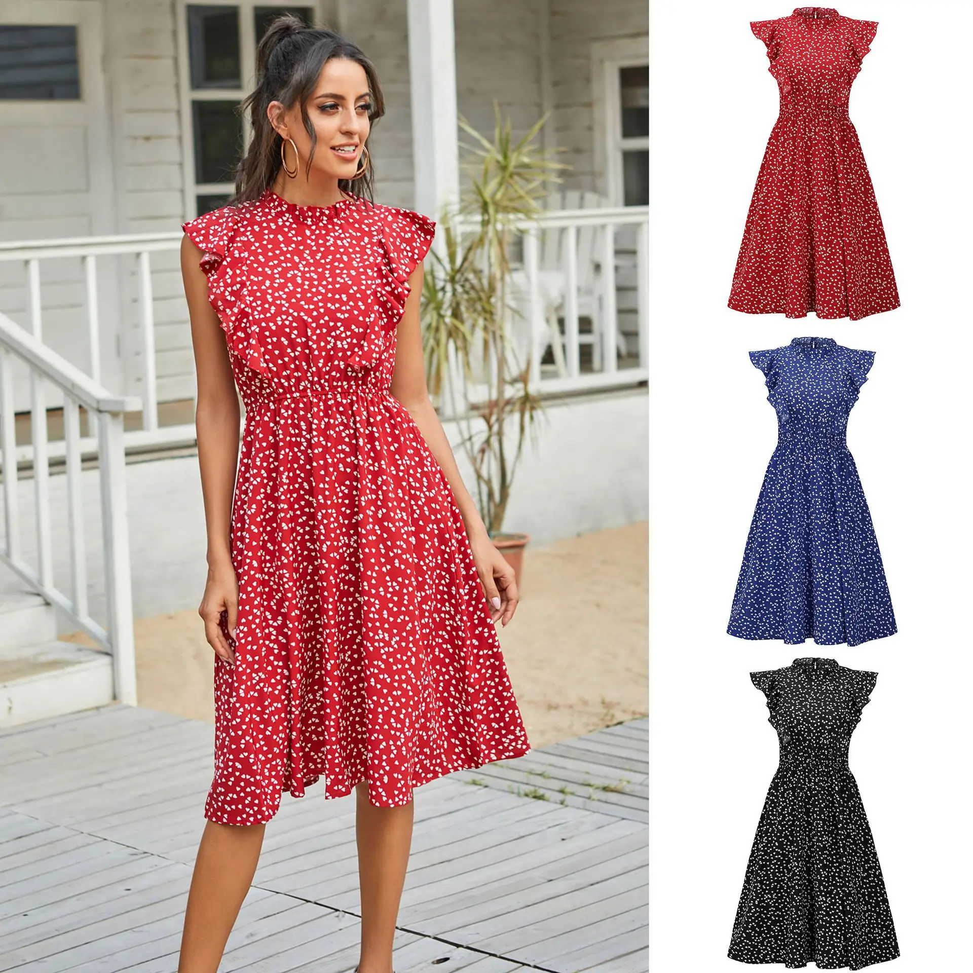 

Ladies Elegant Midi Dress Flower 2022 Summer Girly Red Polka Dot Chiffon Maxi Dresses