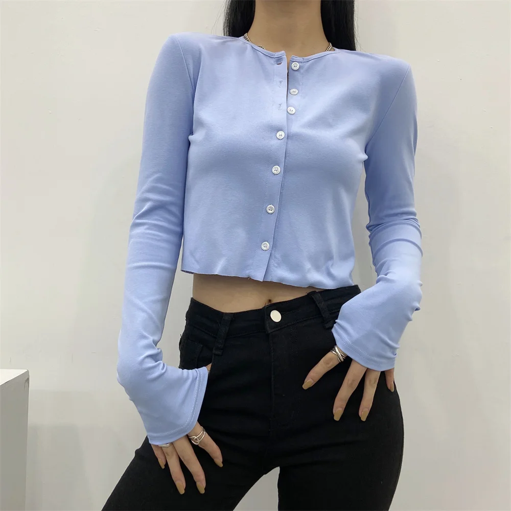 

Summer new street solid color round neck loose single-breasted long-sleeved T-shirt women's stretch tight short T-shirt women
