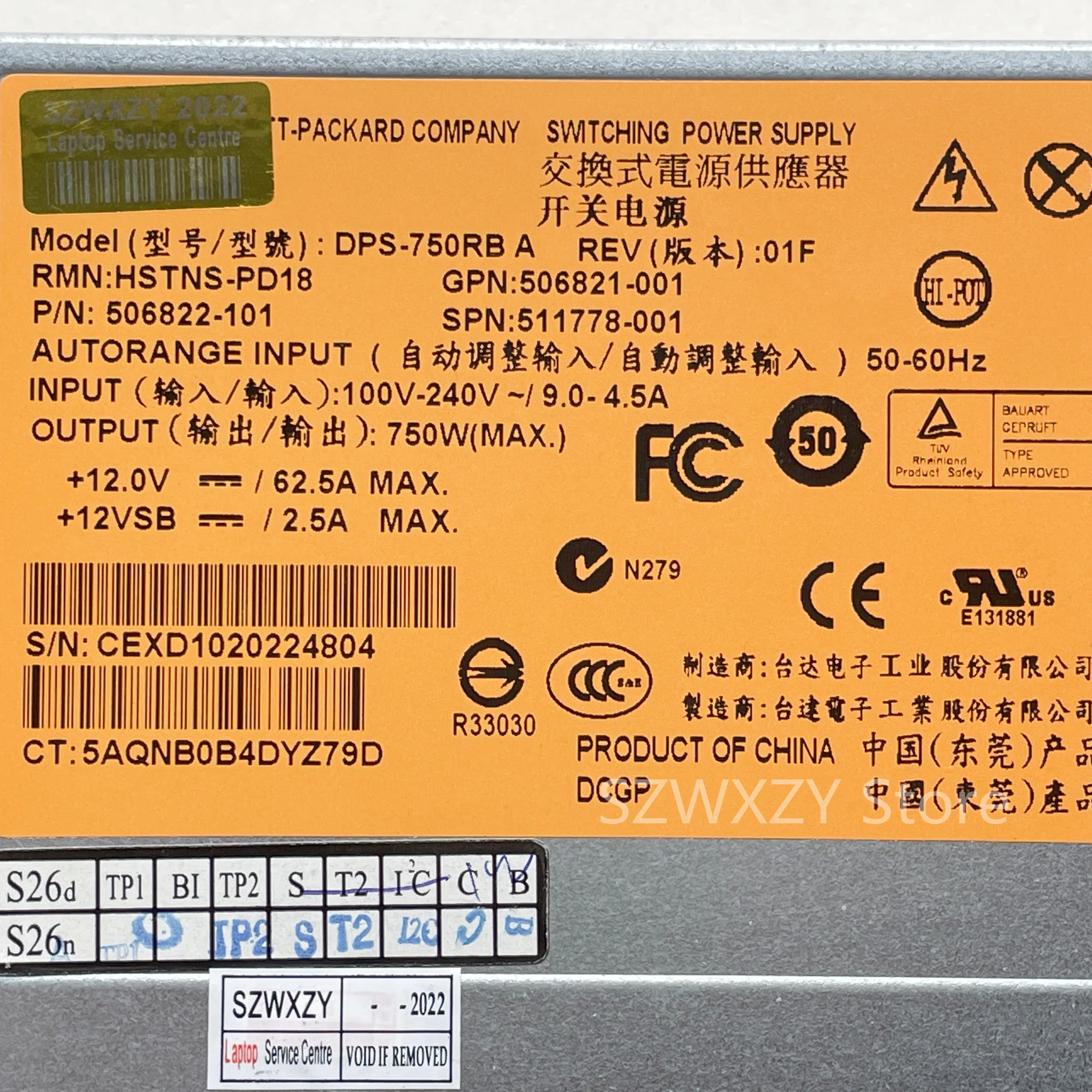 SZWXZY оригинал для HP DL380 G6 G7 750 Вт серверный источник питания DPS-750RB A 506822-101 506821-001