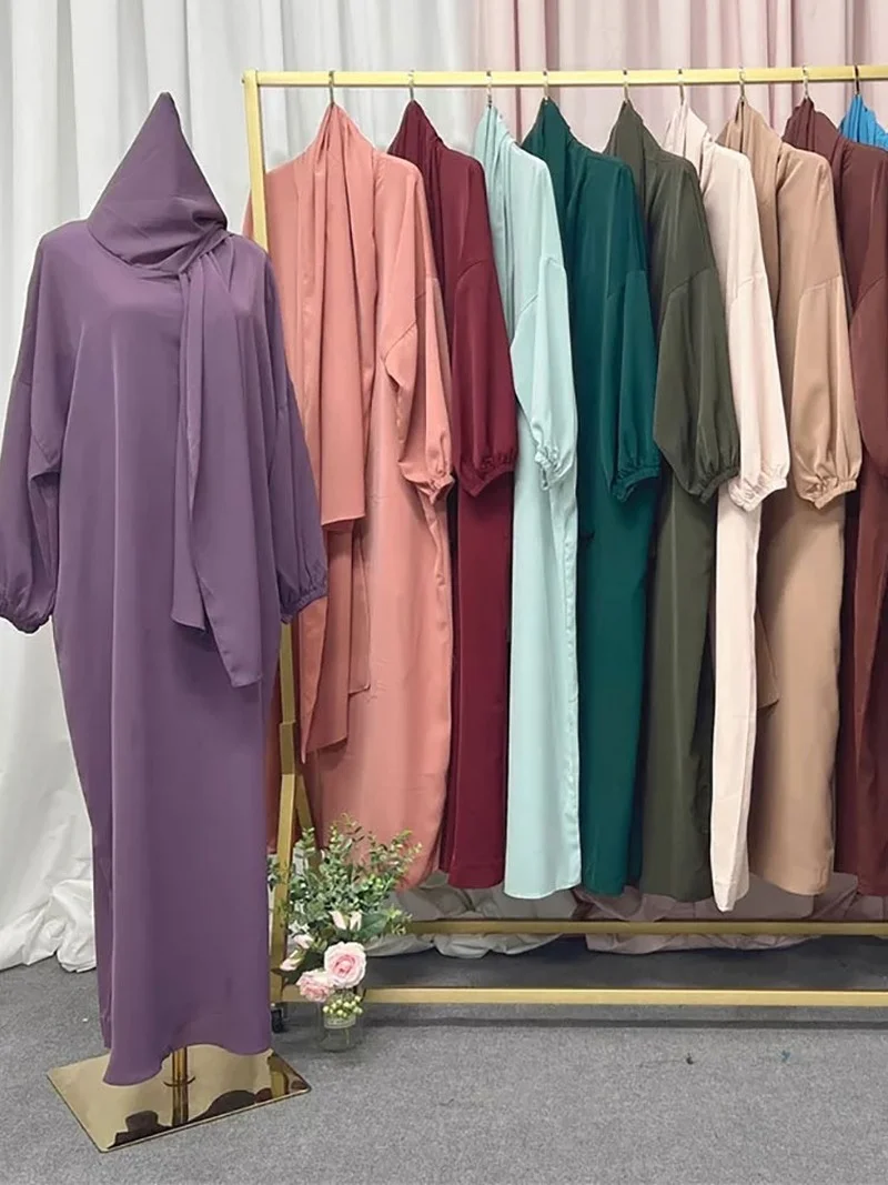 Ramadan Hooded Abaya Muslim Prayer Long Dress Women Nida Plain Loose Patchwork Scarf Jilbab Islam Dubai Modest Robe Djellaba