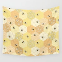 patchwork bees pattern lemon apricot and buttermilk colours tapestry wall hanging hippie tapestries home living room dorm decor