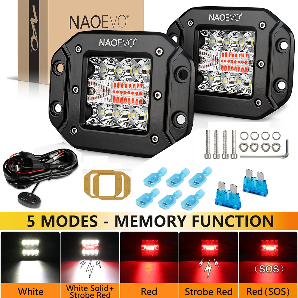 

NAOEVO 72W 12V LED Рабочая Световая Панель 5 Дюймов Комбинированный Луч Стробоскопический Противотуманный Фонарь Красный Белы...