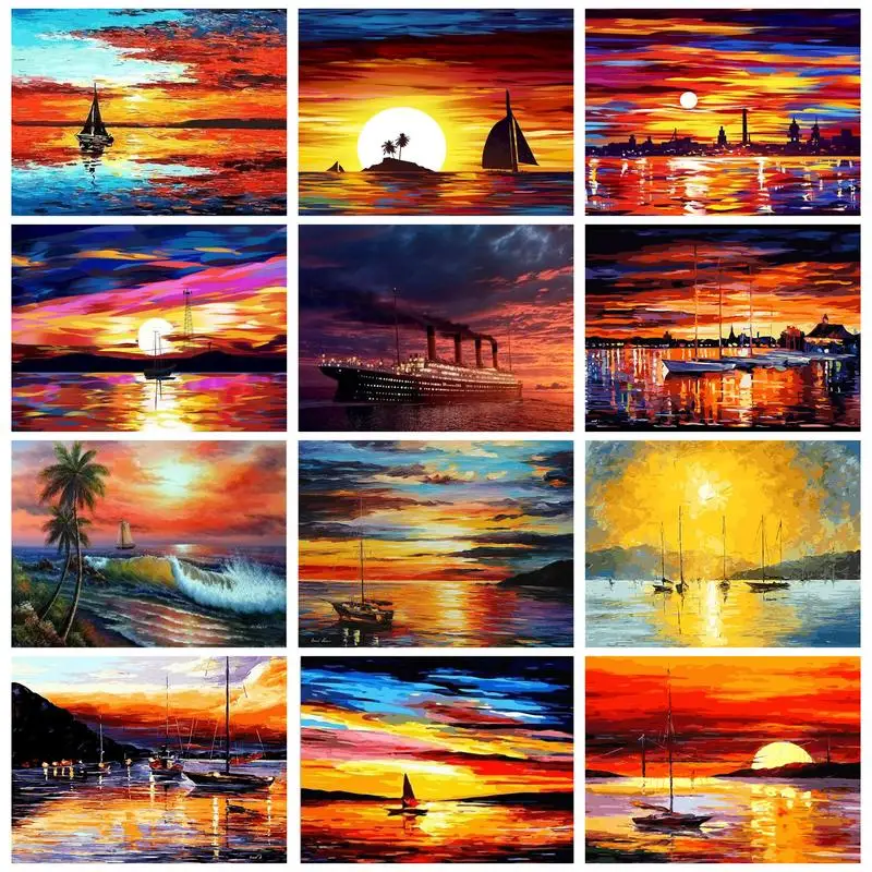 

CHENISTORY Oil Painting By Numbers Sunset Seascape Sailboat Picture Coloring On Canvas Artwork Diy Gift Paint Kit Landscape Diy
