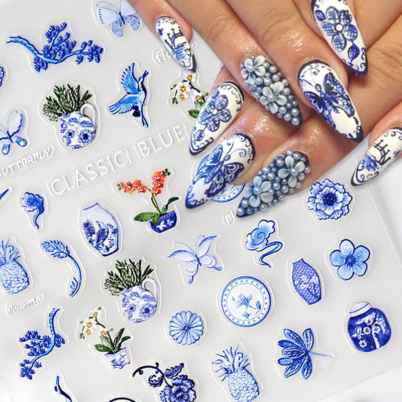 

5D Embossed Flower Nail Stickers Chinese Celadon Nail Art Stickers Retro Floral Nail Decals Self-adhsive Blue Flower Stickers