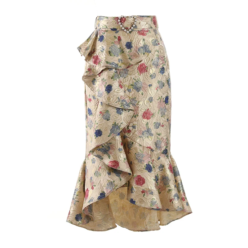 

PHOEBE HZ Falbala Vintage Court Style Jacquard Package Hip Skirt Female Chinese Style Irregular Midi Fishtail Skirt 2023 Style