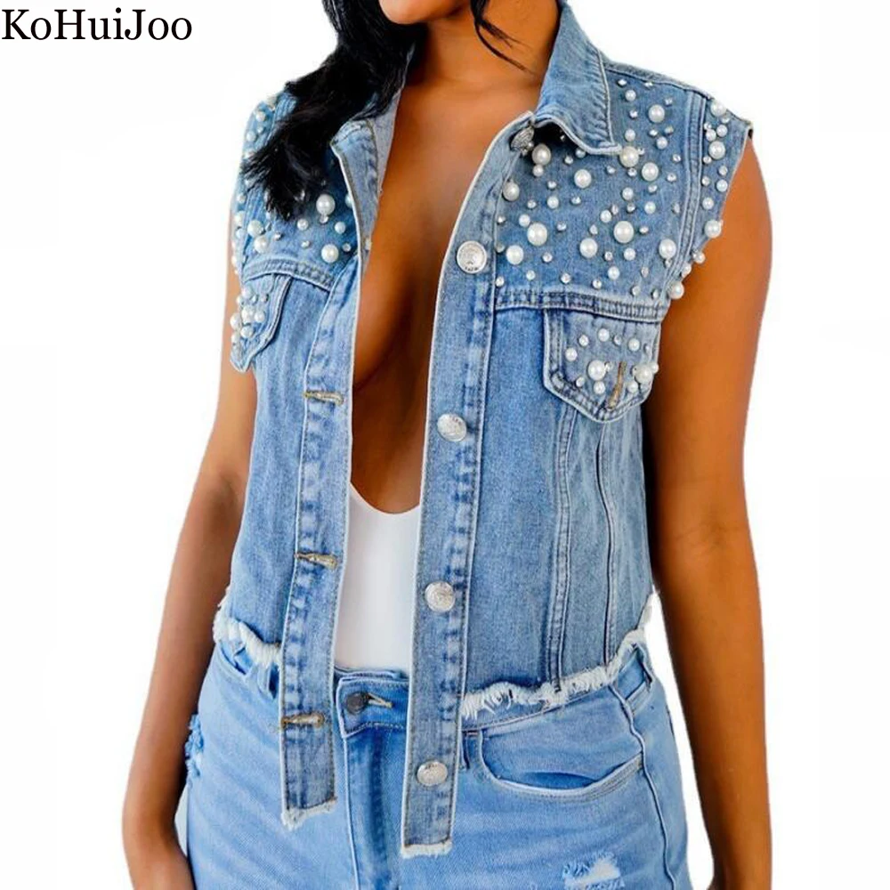 

KoHuiJoo Denim Vest Women 2022 Summer Heavy Pearl Beading Ladies Waistcoat Sleeveless Single Streetwear Breasted Tassel Coat