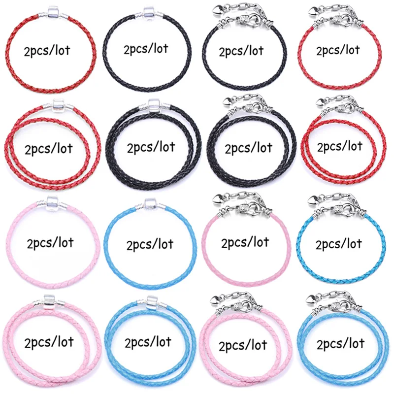 

2Pcs/Lot New Arrival Fashion Brand Colorful Leather Charm Bracelet For Women DIY Snake Chain Bracelet Jewelry Gift Making