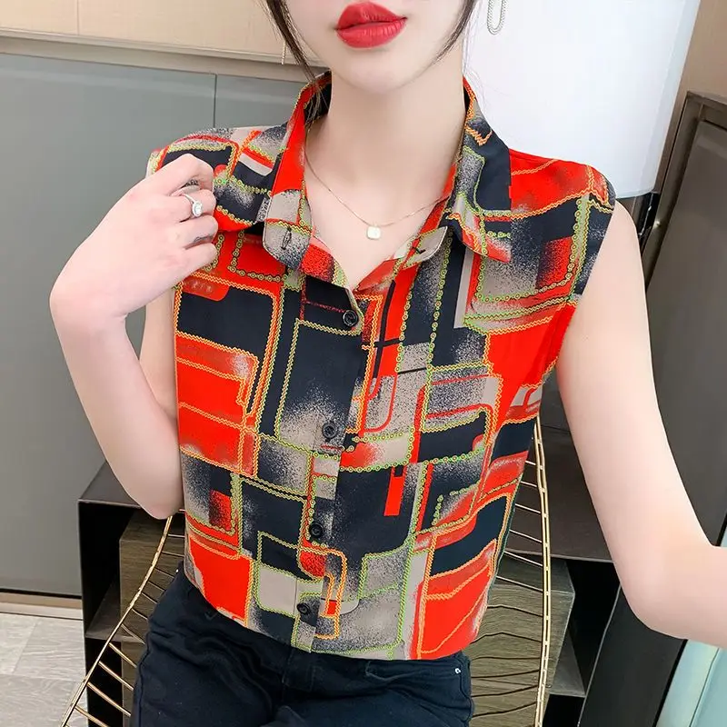 

Vintage Printed Spliced Button Tie Dye Sleeveless Chiffon Shirt Women's Clothing 2023 Summer New Casual Tops Commuter Blouse