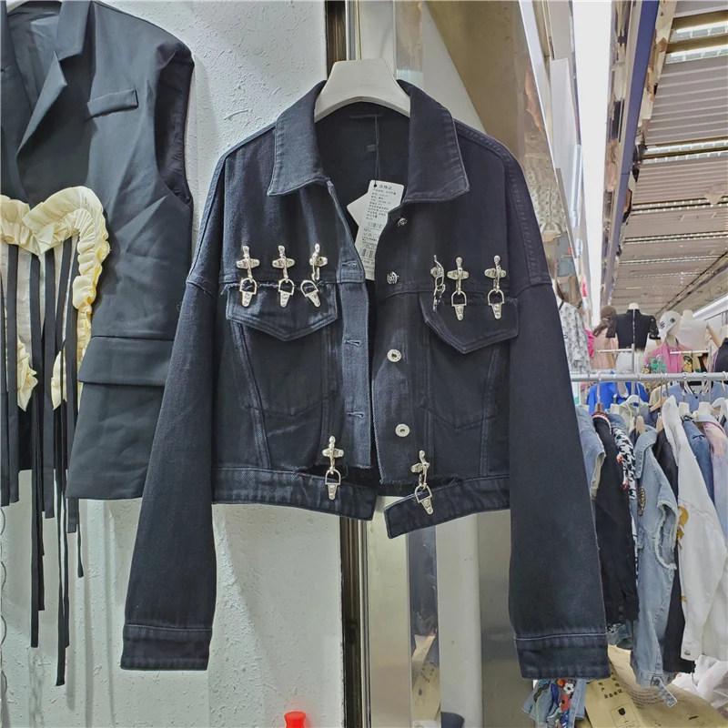 

Vintage Black Denim Jacket Coat Women Loose Casual Short Cowboy Outerwear Heavy Work Metal Button Big Pocket Jeans Jacket Female