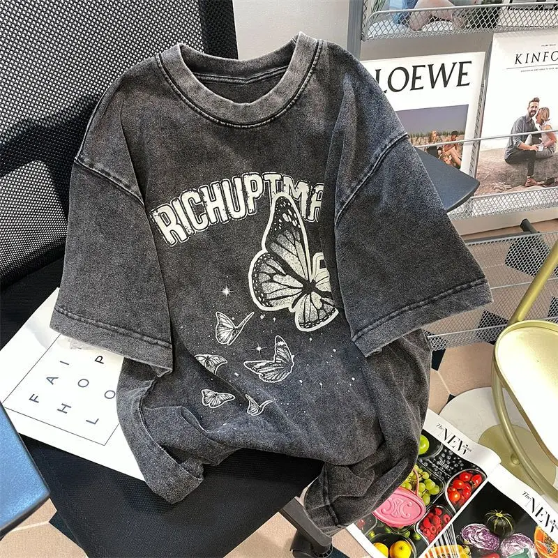 

American Butterfly Cute Print T shirt Fashion Harajuku Street Retro Loose personality woman kawaii clothes Short sleeve top