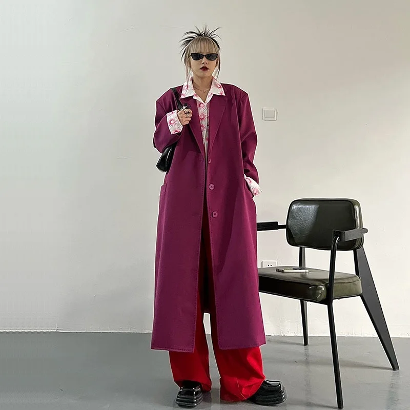 

Korean Loose Long Purple Suit Windbreaker Women Spring Autumn New Suit Collar Single-breasted Long Sleeve Female Blazer Overcoat