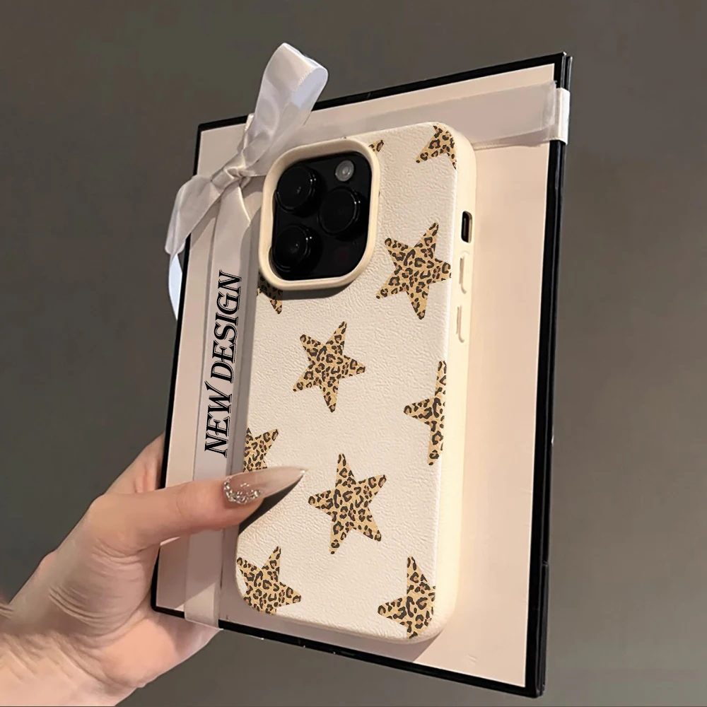 Фото Чехол из кожи личи с принтом дикого леопарда и звездным дизайном для iPhone 17 Air 16 15 14 13 12 11 Pro Max Plus X, стильная защита. №2