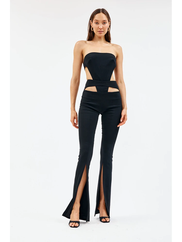 Women Elegant Strapless Backless Long Jumpsuit Sexy Black Hollow Out Tube Top Bandage Jumpsuit Slit Bodycon Party Pencil Jumpsui