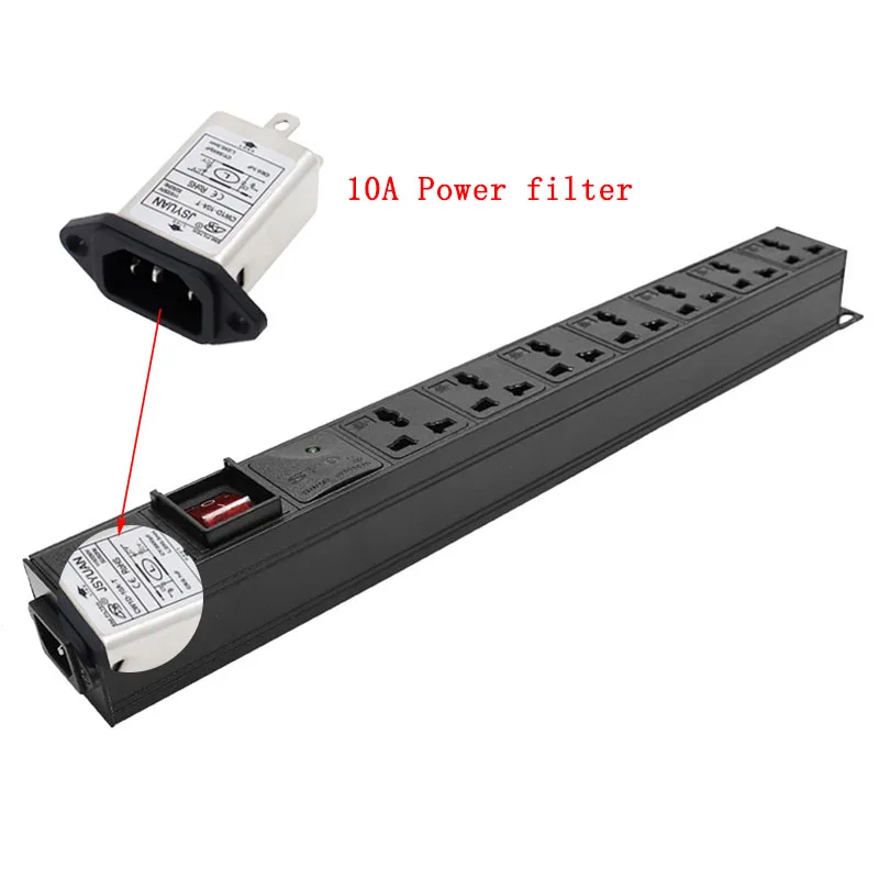 

PDU 7 Unit Universal Outlet Power strip Network Cabinet Rack Dual Break Switch wave filter IEC-C14 port lightning protection
