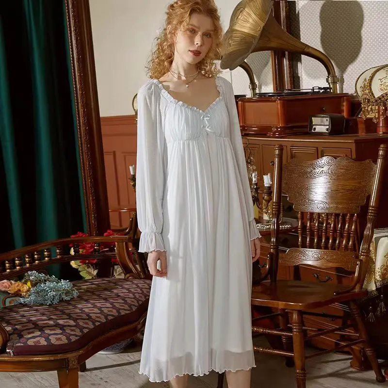 Women's Spring Autumn Noble Elegant  with Chest Pad Gauze Modal  Nightgowns Sleepshirts Comfort Sleepwear Pajamas