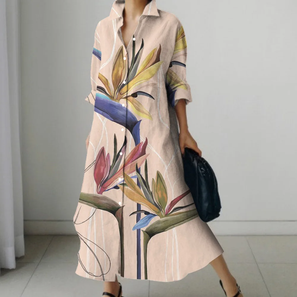 Платье-рубашка с длинным рукавом и принтом листьев
