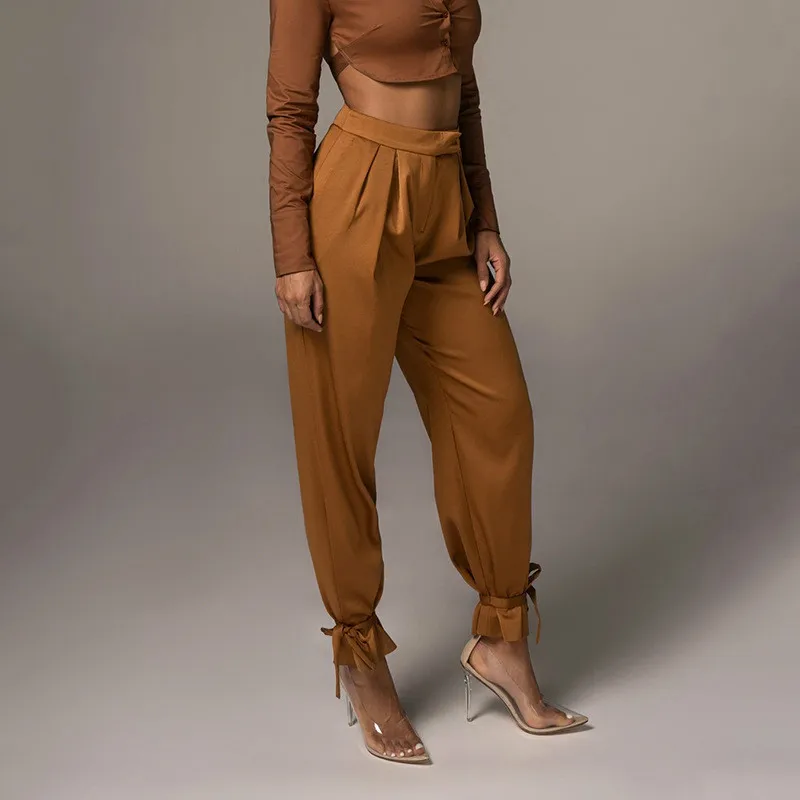 

Women 2021 Pocket High Waist Ruched Pants Streetwear Fashion All-Match Bandage Pockets Aesthetic Trousers Casual Mujer Pantalons