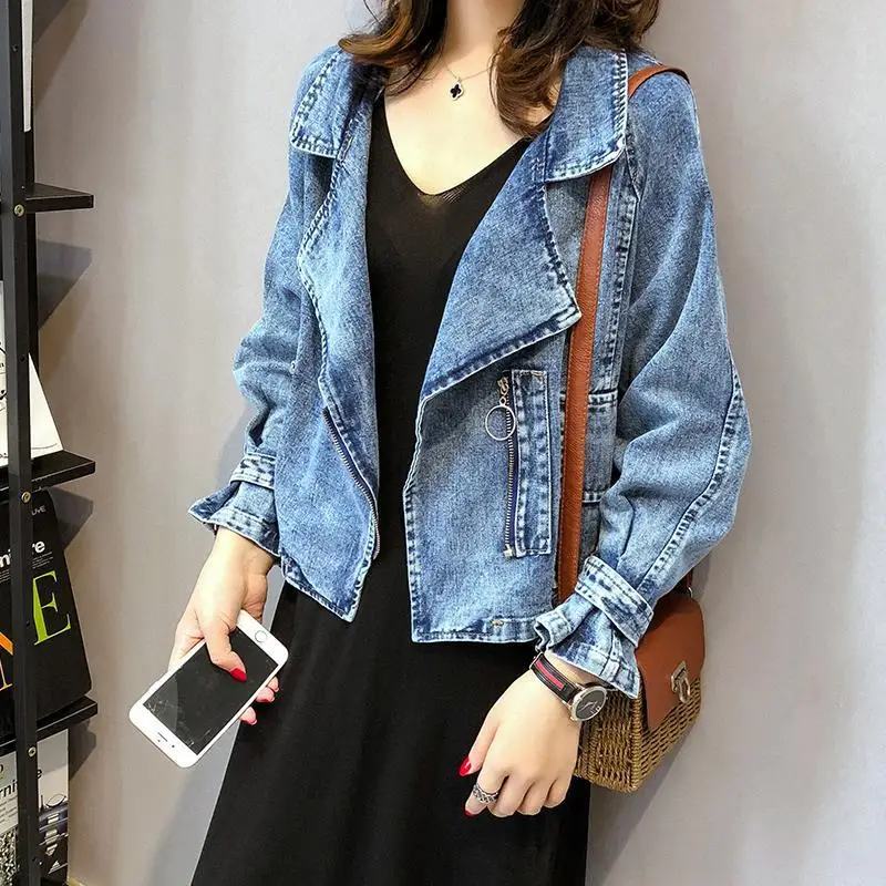 

2023 New Spring Autumn Women Loose Denim Jackets Female Fashion Lapel Zipper Short Coats Ladies Cowboy Streetwear Outwear G343